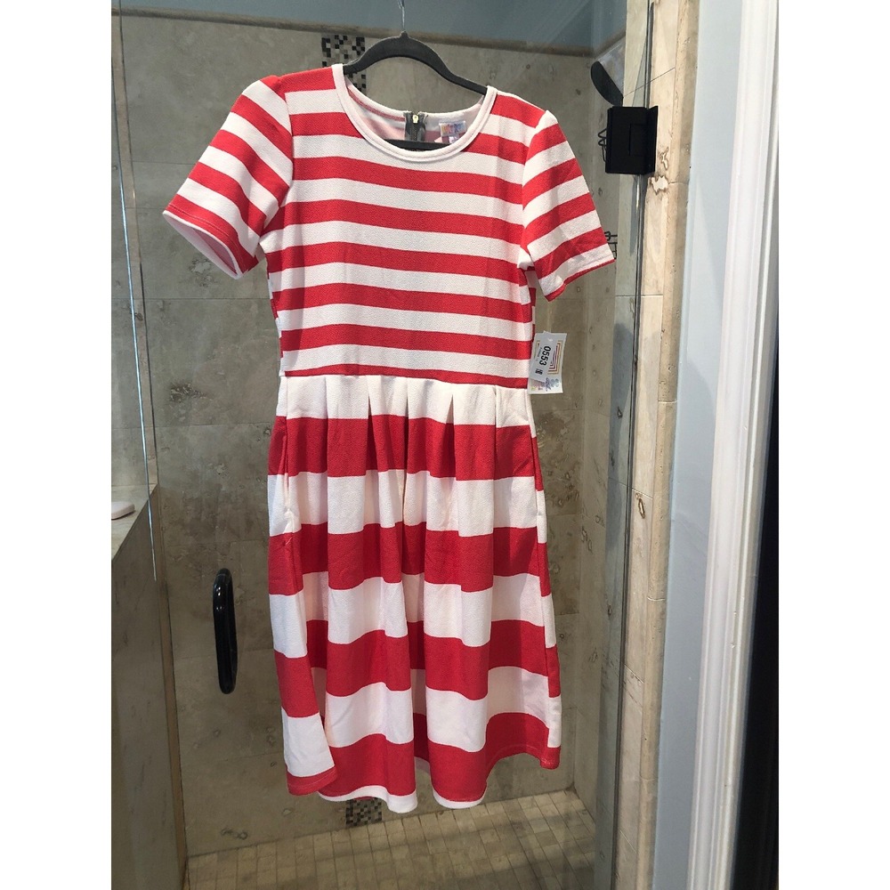 LuLaRoe Amelia Dress Large Pink White Nautical Striped Short Sleeve Knee Length